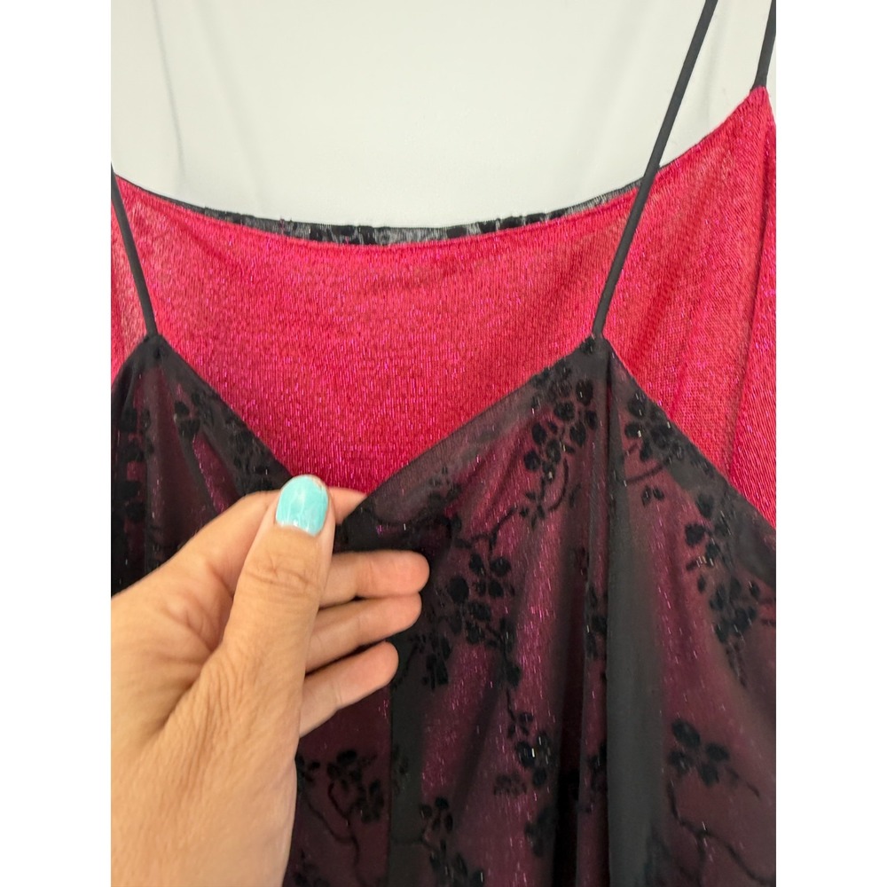 DBY Ltd Y2K Hot Pink Glitter Mesh Maxi Slip Dress Black Flocked Floral Goth Prom - Picture 4 of 9